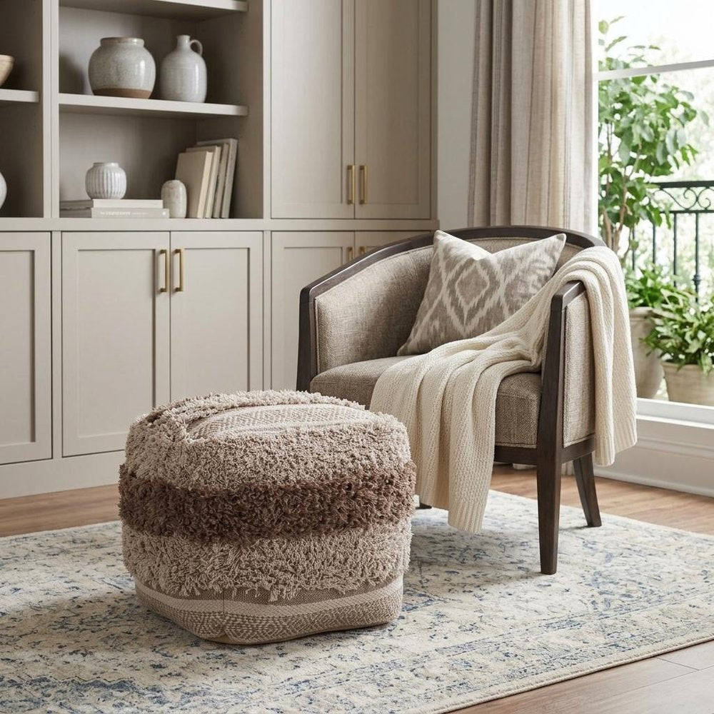 18" Beige Striped Pouf Ottoman HomeRoots