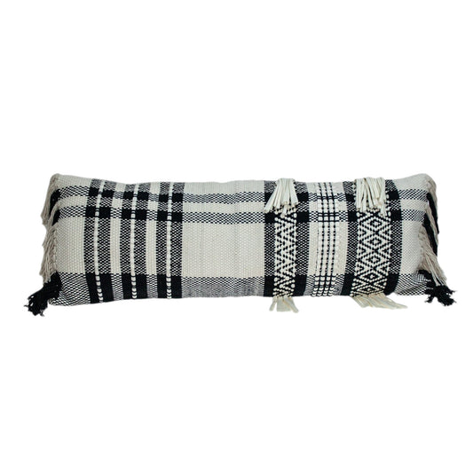 12" X 35" Black and White Plaid Cotton Lumbar Throw Pillow With Fringe FurniFindUSA