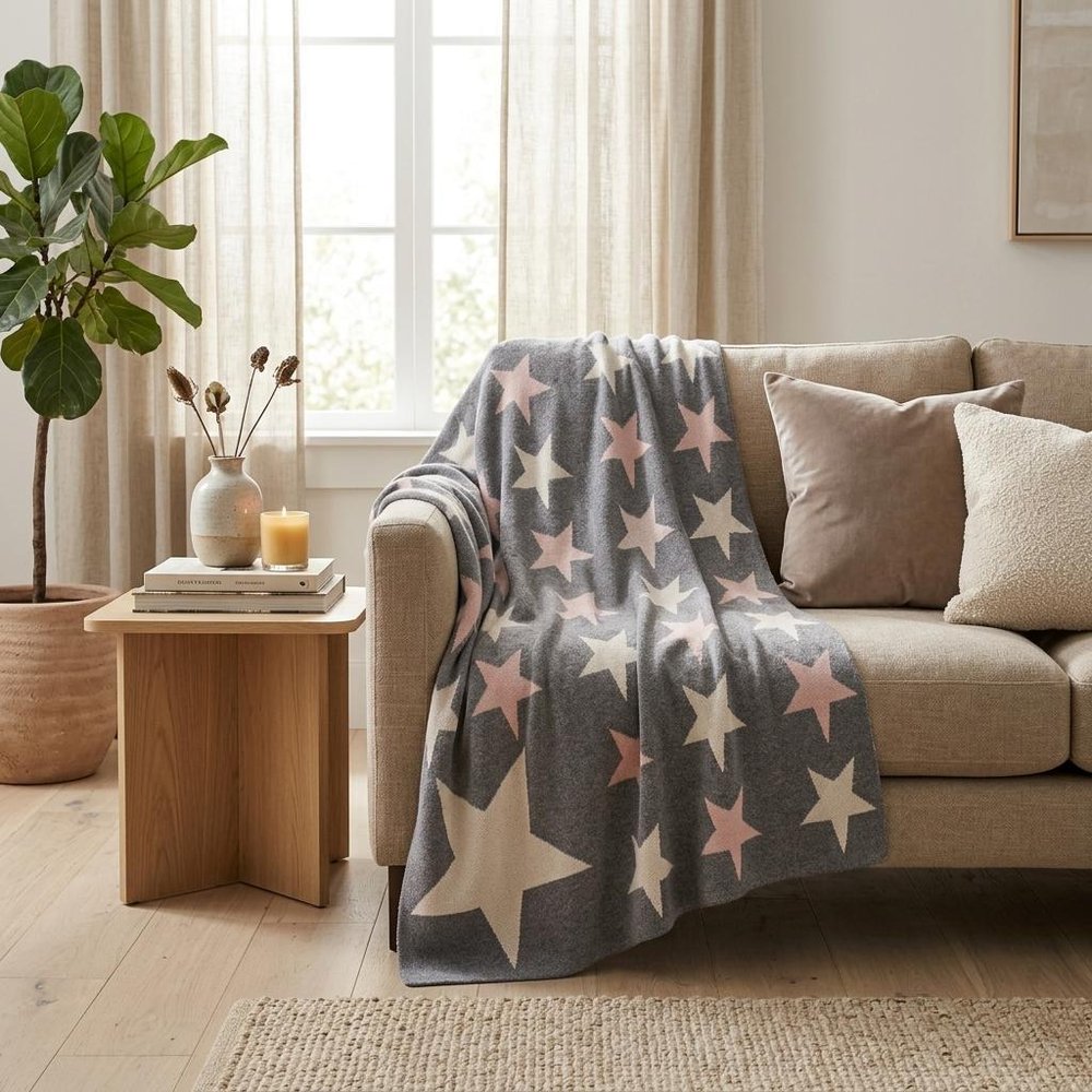 Grey Ivory And Pink Stars Knitted Baby Blanket HomeRoots