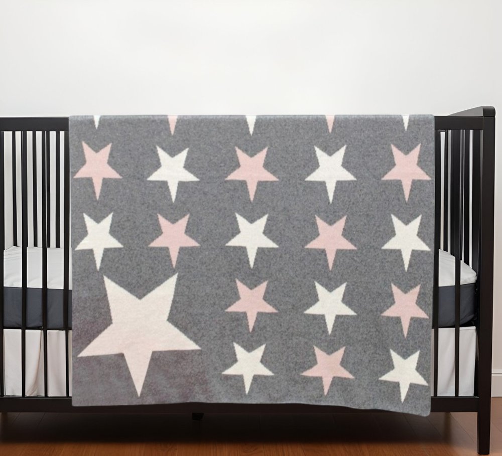 Grey Ivory And Pink Stars Knitted Baby Blanket HomeRoots