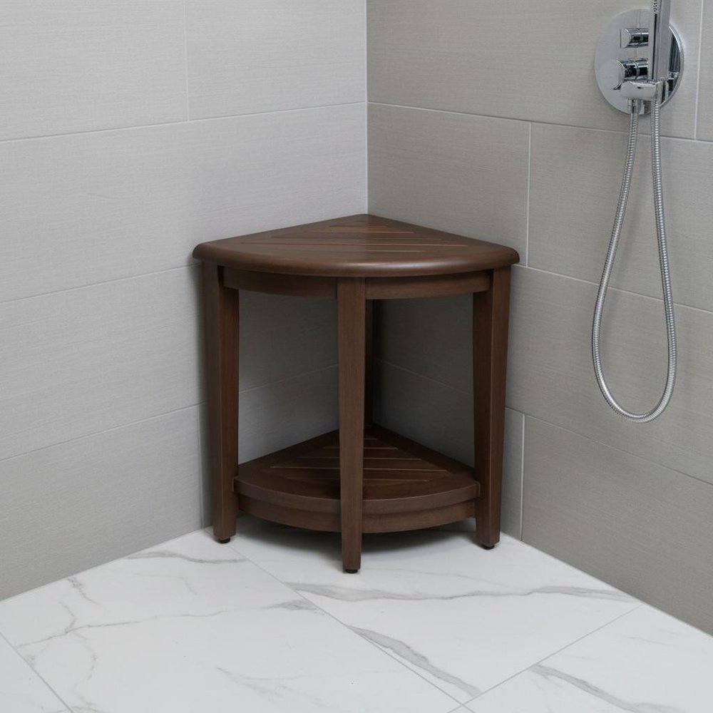 Curvilinear Dark Brown Teak 18" Corner Shower Bench With Shelf HomeRoots