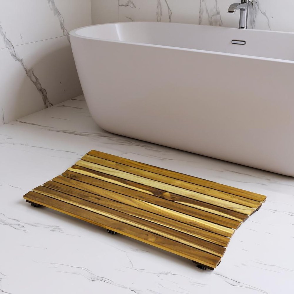 40" Brown Teak Slat Non Slip Bath Mat HomeRoots
