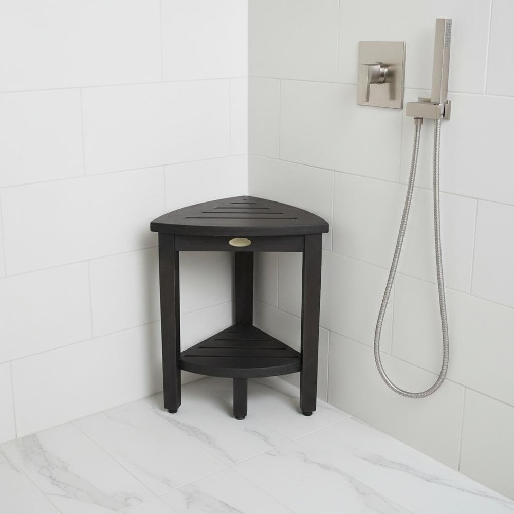 Mod Gray Teak 18" Curvilinear Corner Shower Bench With Shelf HomeRoots