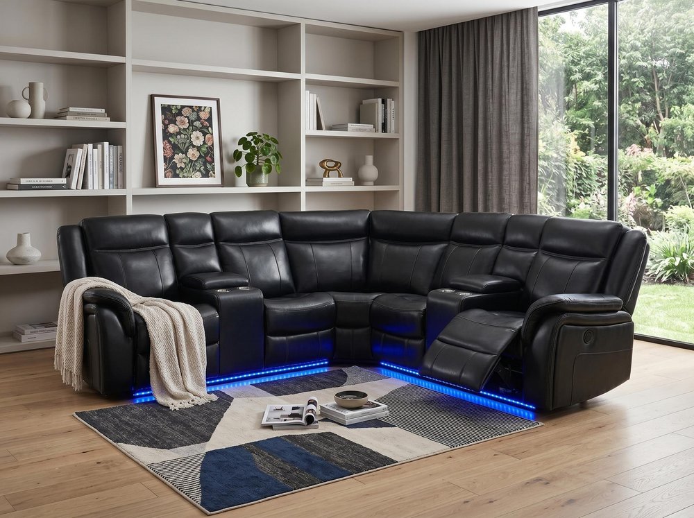 Black Polyester Blend Power Reclining L Shaped Three Piece Corner Sectional With Console HomeRoots