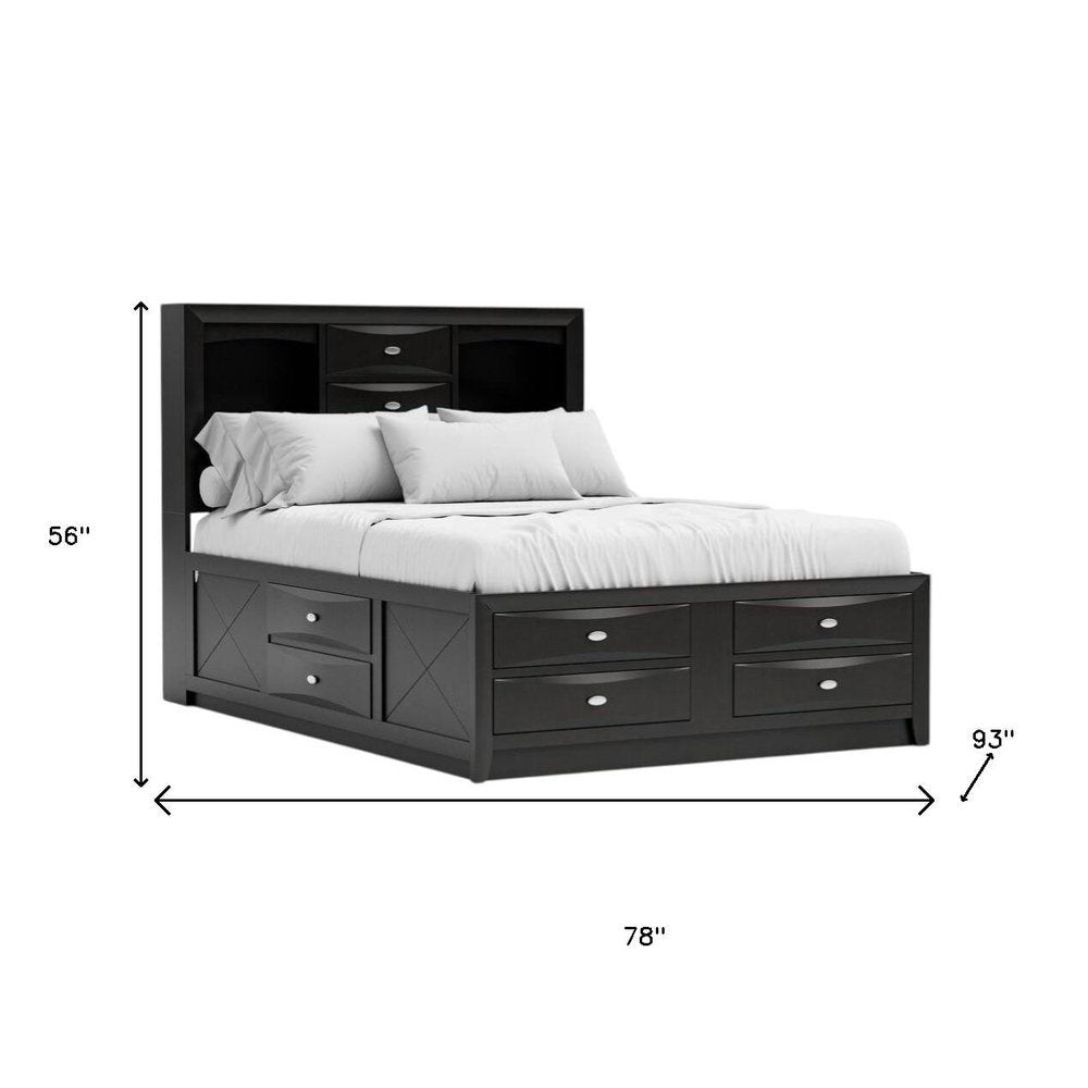 Black Carved Abstract Solid Wood King Bed Frame With Drawers HomeRoots