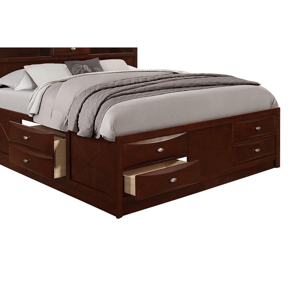 Merlot Solid Wood Queen Bed Frame With Eight Drawers