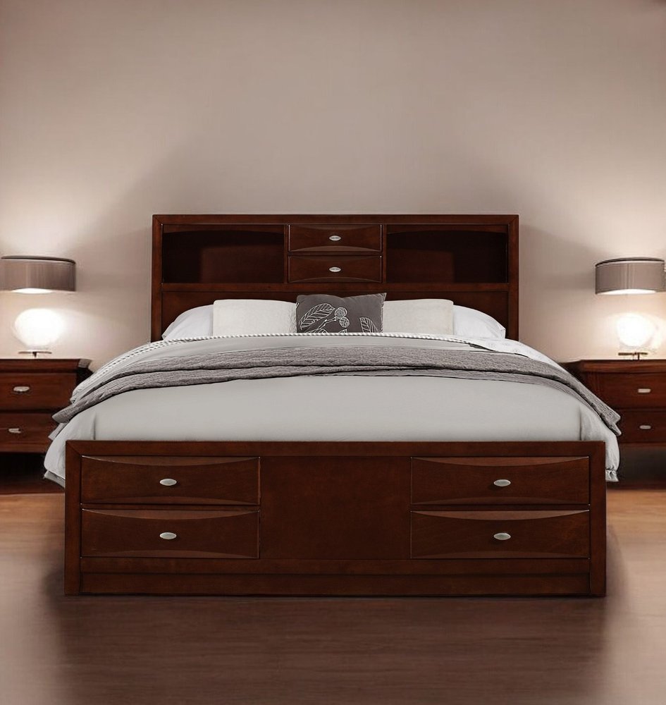 Merlot Solid Wood Queen Bed Frame With Eight Drawers HomeRoots