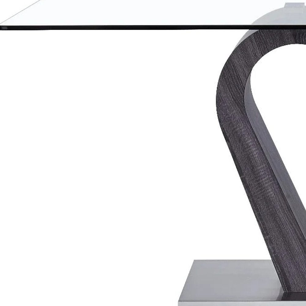 71" Clear And White and Gray Glass And Stainless Steel Pedestal Base Dining Table HomeRoots