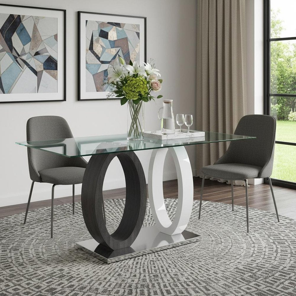 63" Clear Gray and White Glass And Metal Double Pedestal Base Dining Table HomeRoots
