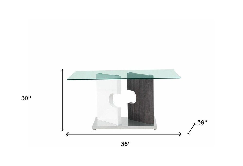 36" Clear And Gray Glass And Stainless Steel Double Pedestal Base Dining Table HomeRoots