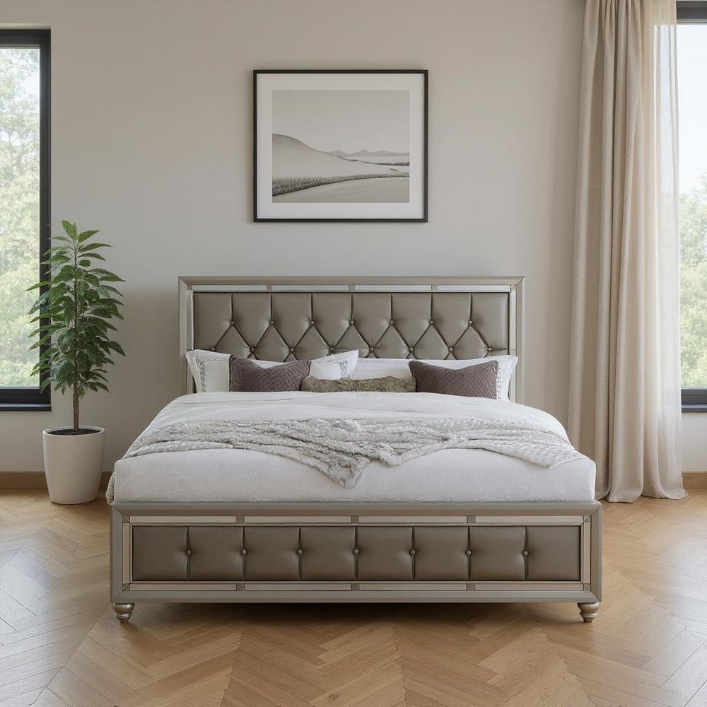 Silver Wood And Tufted Linen Queen Bed Frame With Nailhead Trim HomeRoots