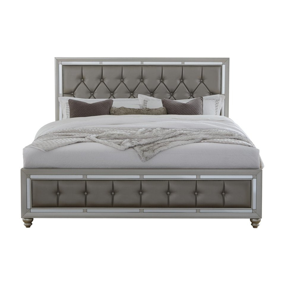 Silver Champagne Tone King Bed Padded Headboard Padded Footboard Mirror Trim Accents HomeRoots