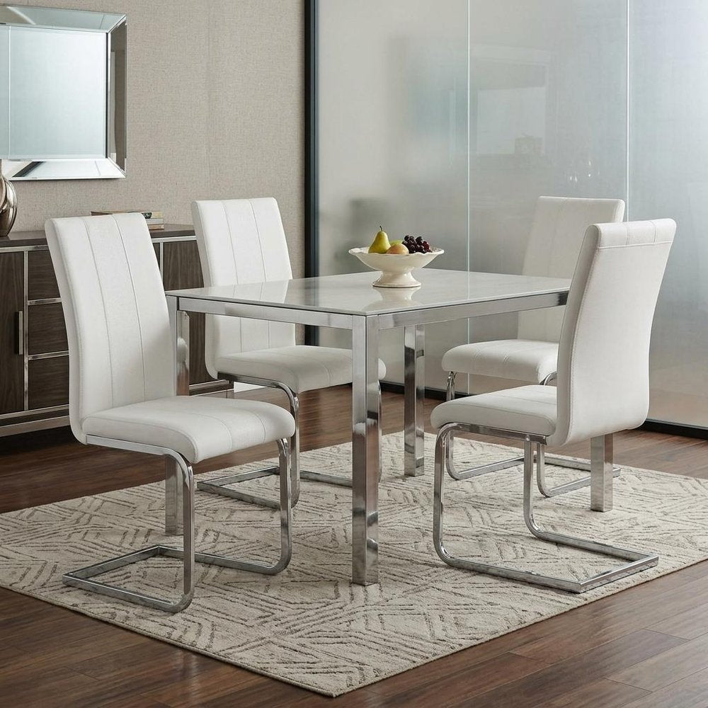 Set of Four White and Silver Upholstered Faux Leather Dining Side Chairs HomeRoots