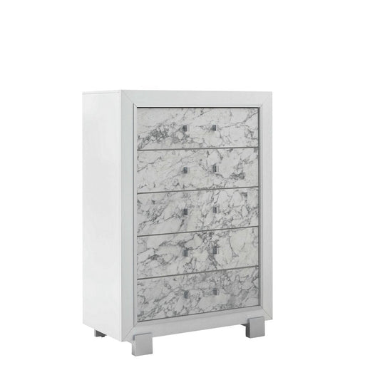 Modern White Dresser With 7 Faux Marble Detailed Front Drawer. HomeRoots