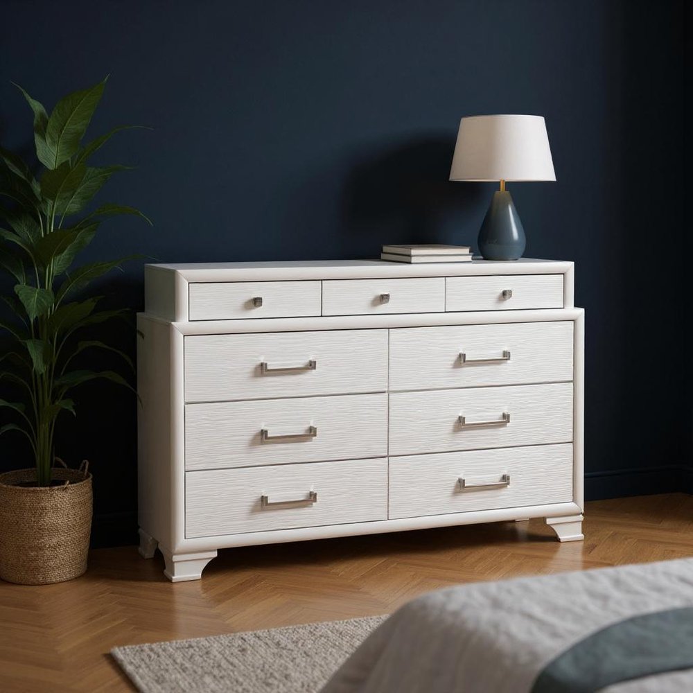 35" White Ribbed Texture Solid Wood Six Drawer Dresser