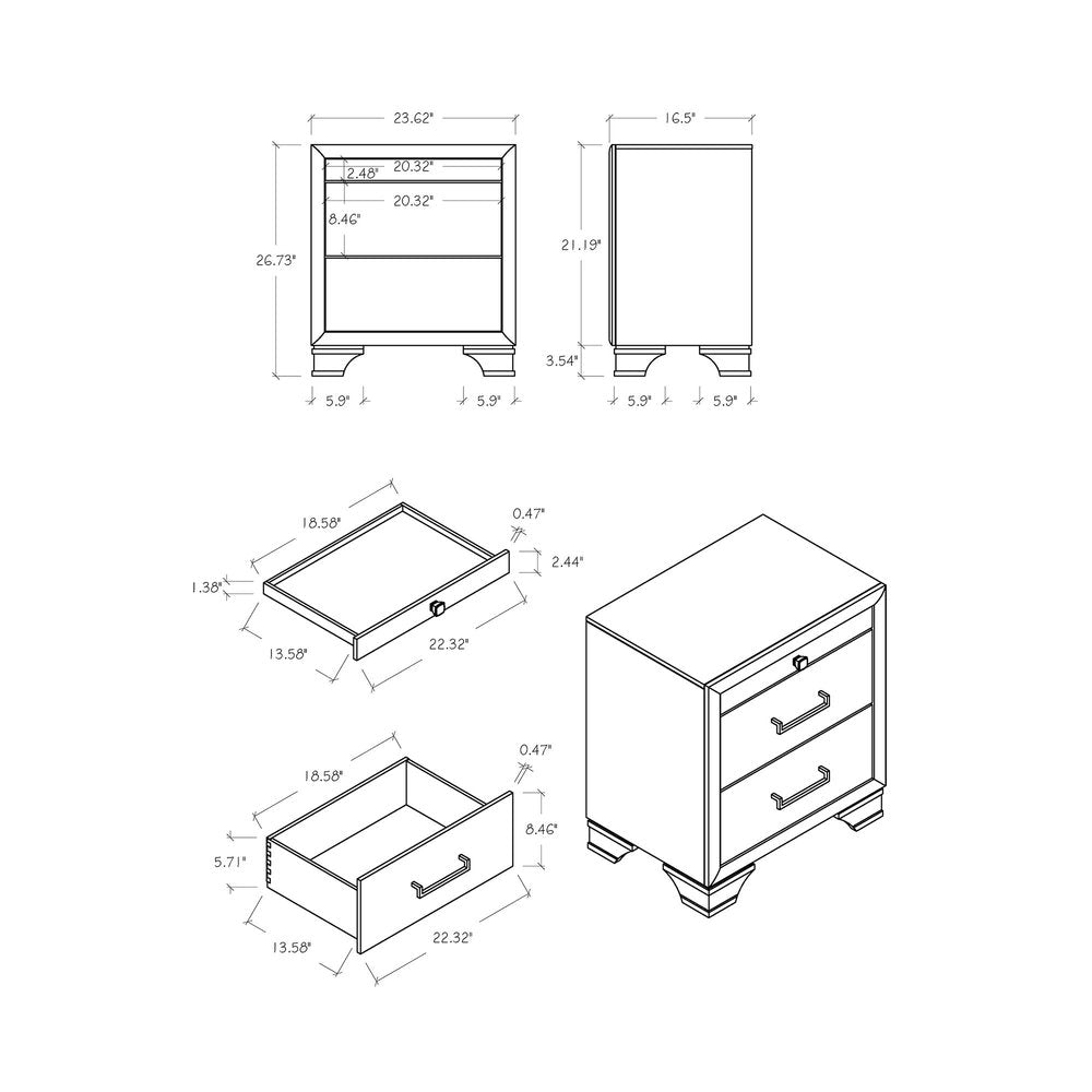 27" Gray Wood Two Drawer Nightstand