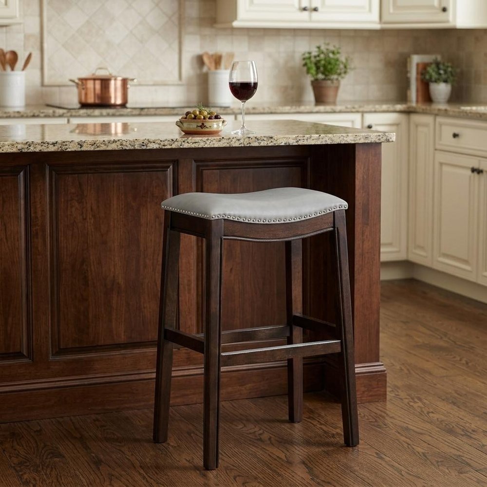 26" Gray And Espresso Faux Leather And Solid Wood Backless Counter Height Bar Chair HomeRoots