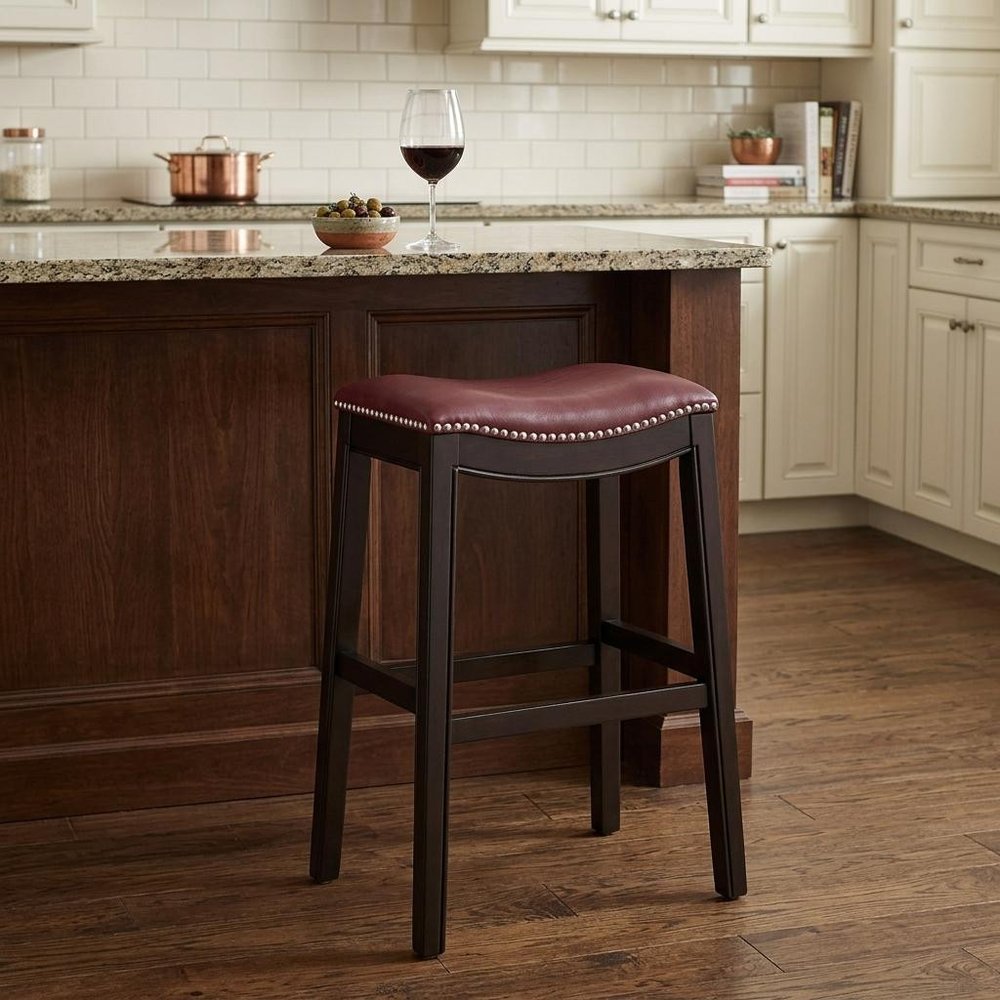 31" Dark Red And Espresso Faux Leather And Solid Wood Backless Counter Height Bar Chair HomeRoots