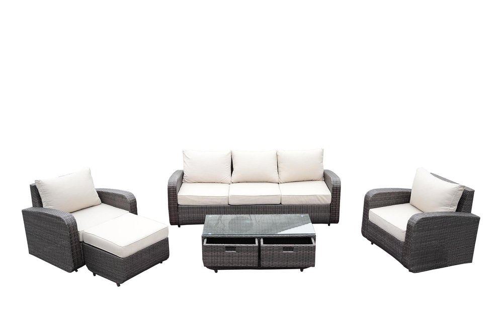 Five Piece Brown and Beige Wicker Sofa Seating Group With Table HomeRoots