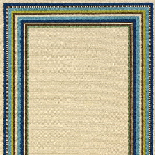 Ivory and Blue Striped Indoor Outdoor Area Rug - 1" (L) x 129" (W) x 94" (H) FurniFindUSA