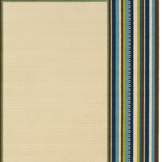 Ivory and Blue Striped Indoor Outdoor Area Rug - 1" (L) x 155" (W) x 101" (H) FurniFindUSA