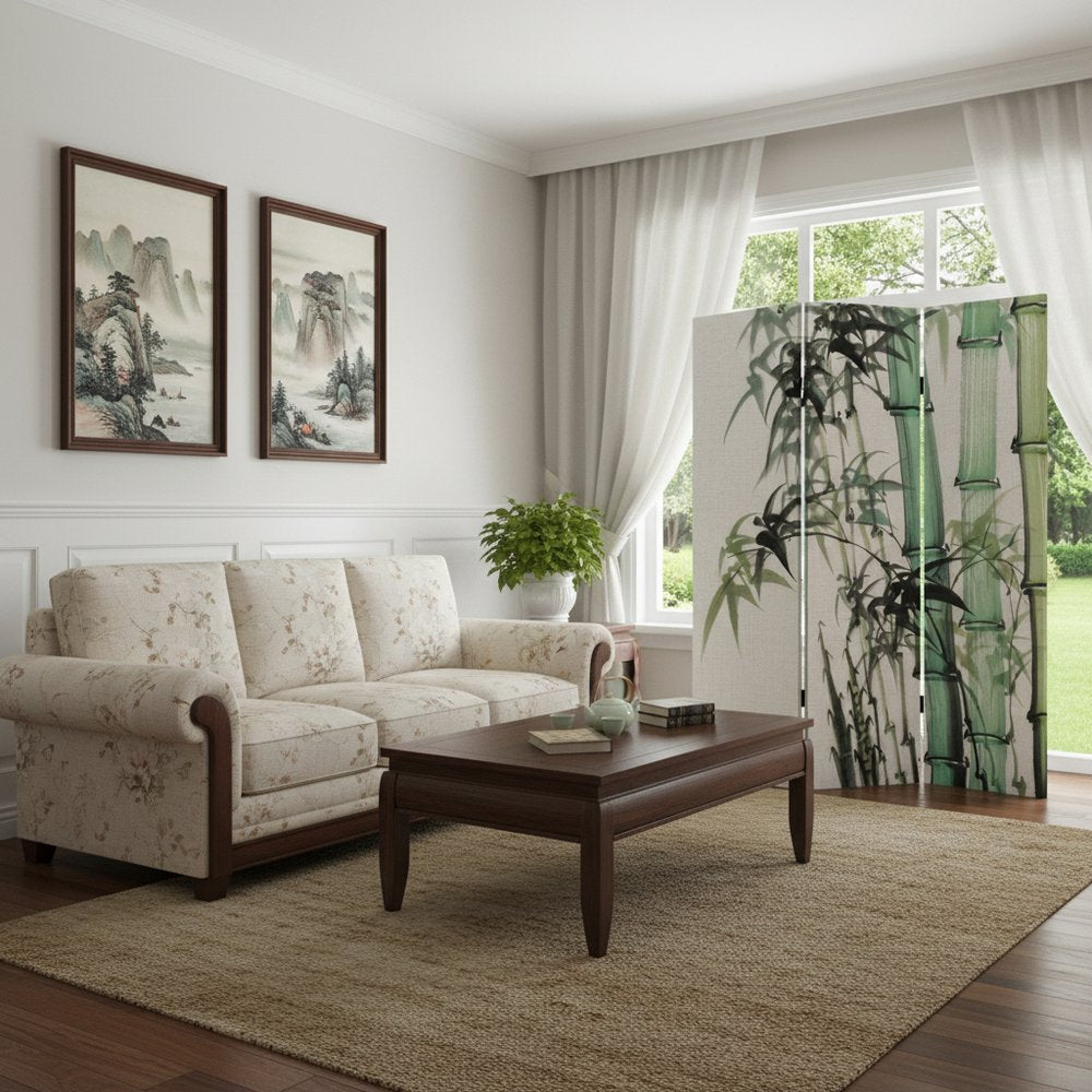 72" Green And White Canvas Folding Three Panel Screen Room Divider HomeRoots