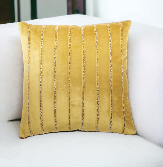 20" Glam Gold Striped Velvet Throw Pillow With Sequins FurniFindUSA