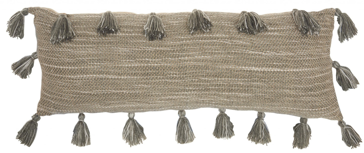 13" X 33" Gray Polyester Blend Throw Pillow With Tassels FurniFindUSA