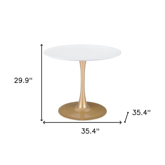 35" White and Gold Wood and Steel Pedestal Base Round Top Dining Table HomeRoots