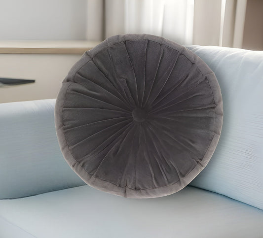 16" Dark Gray Round Tufted Velvet Throw Pillow FurniFindUSA