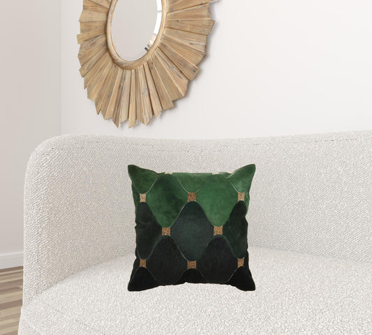 18" X 18" Green Geometric Cowhide Pillow With Sequins FurniFindUSA