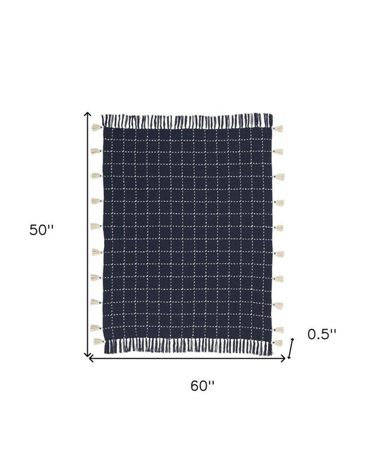 Navy And White Stitched Square Pattern Cotton Throw Blanket HomeRoots
