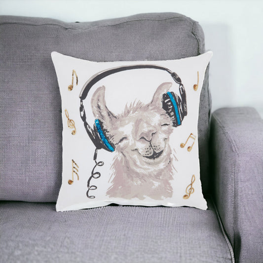 18" Teal and White Llama Cotton Throw Pillow FurniFindUSA