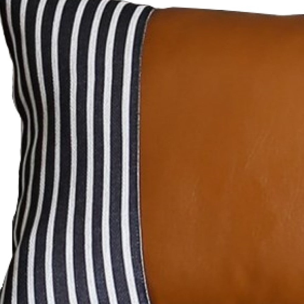 Geometric Brown Faux Leather And Stripes Lumbar Pillow Cover FurniFindUSA