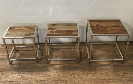 Set of Three 21" Silver And Brown Solid Wood Nested Tables HomeRoots