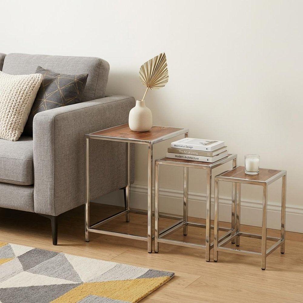 Set of Three 21" Silver And Brown Solid Wood Nested Tables HomeRoots