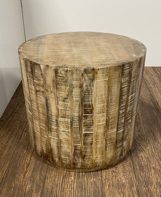20" Natural Distressed Solid Wood Round Drum End Table HomeRoots