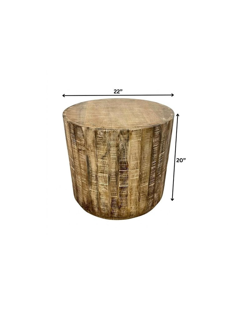 20" Natural Distressed Solid Wood Round Drum End Table HomeRoots