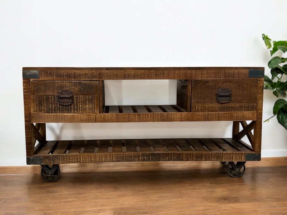 18" Brown and Black Solid Wood Distressed Wheel Console Table With Shelves And Drawers HomeRoots