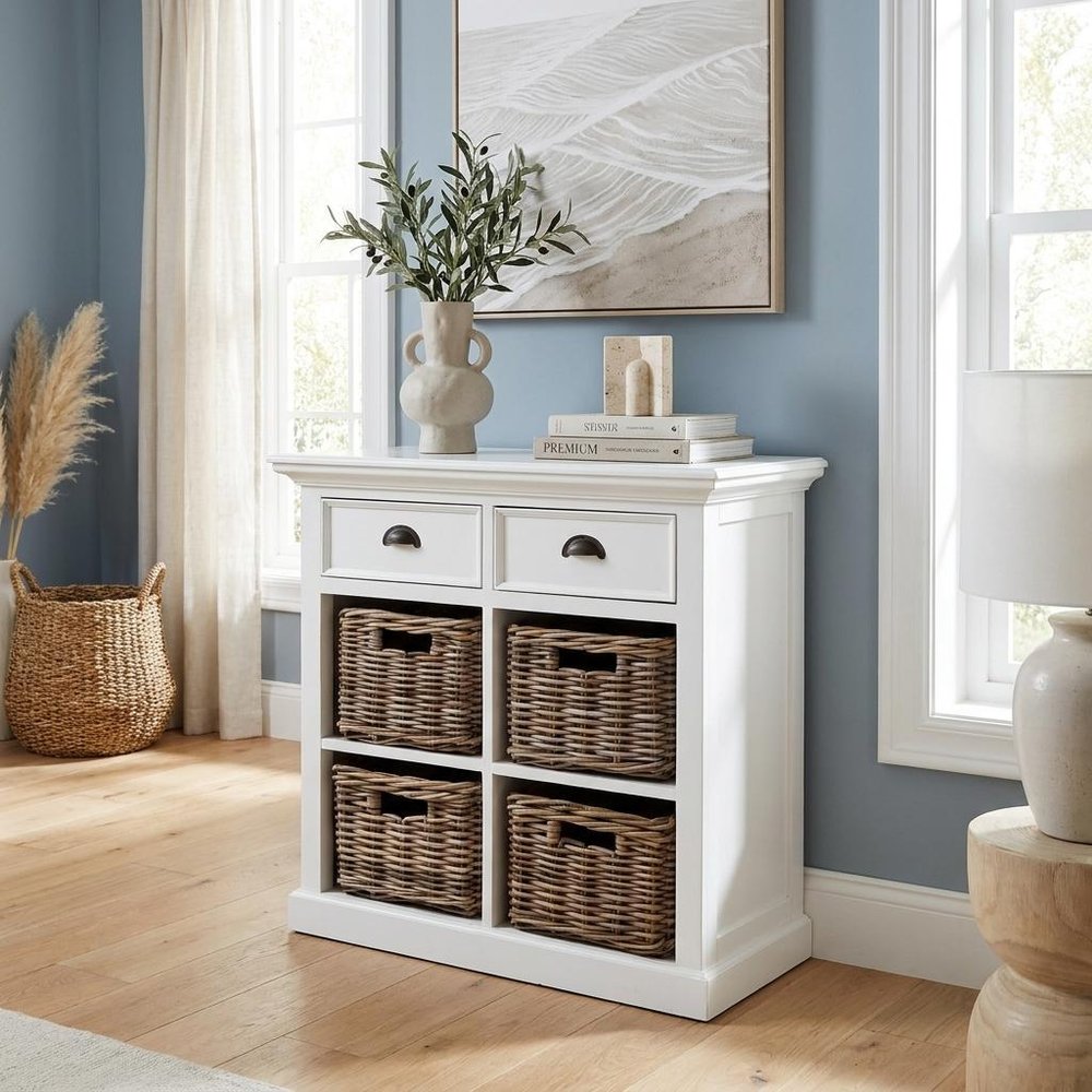 35" White Accent Cabinet With Two Drawers and Baskets HomeRoots