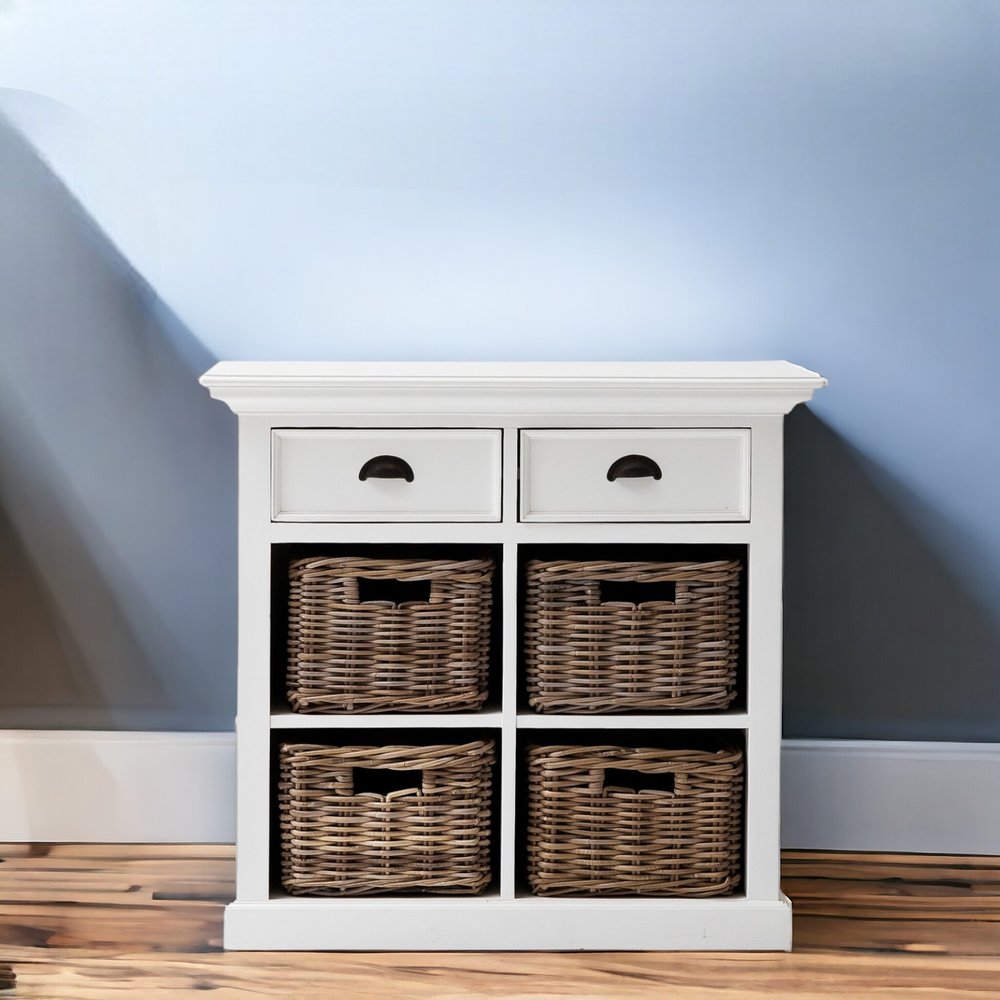 35" White Accent Cabinet With Two Drawers and Baskets HomeRoots