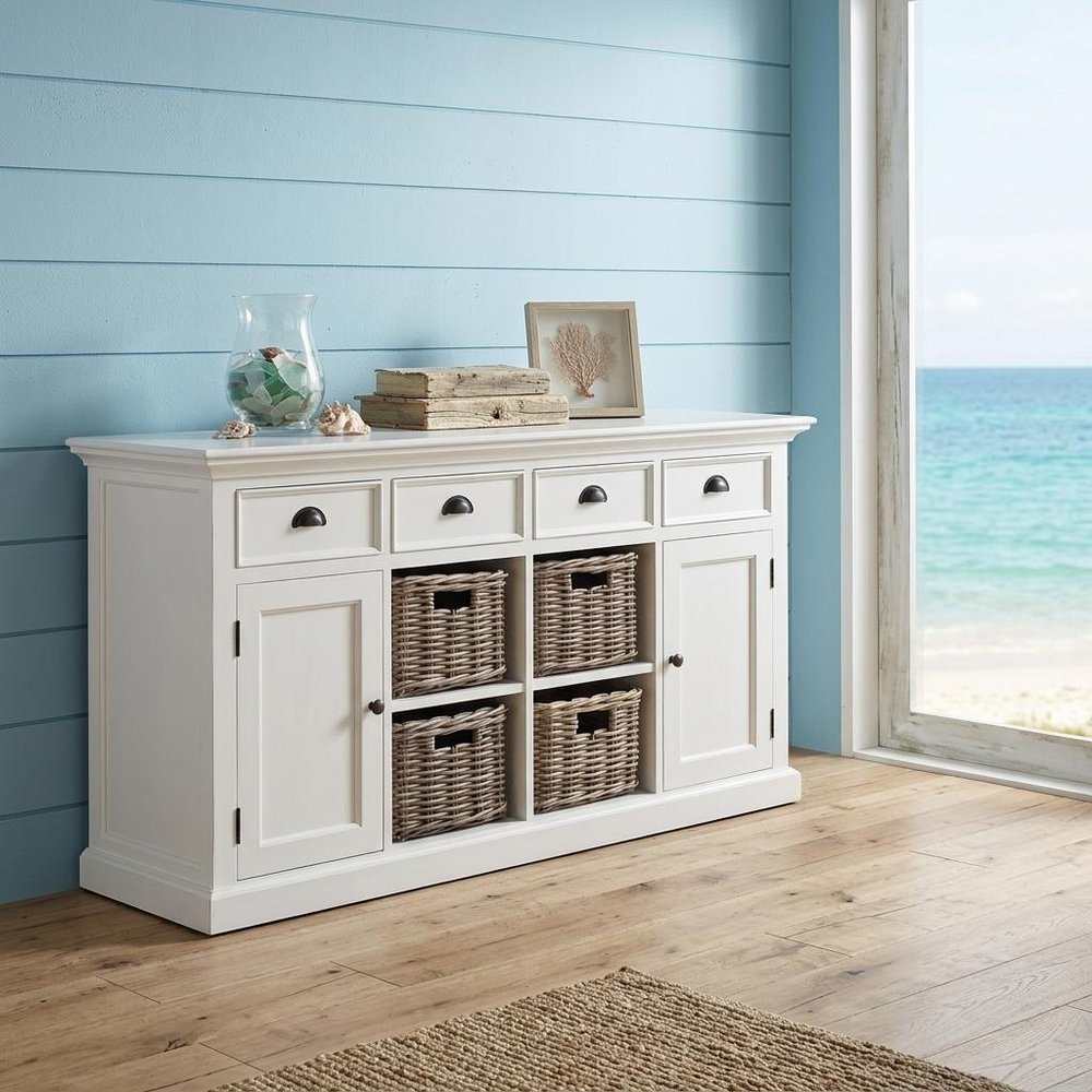 63" White Solid Wood Four Drawer Sideboard with Two Doors HomeRoots