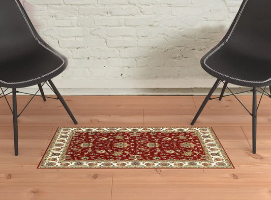 1' X 3' Red Ivory Machine Woven Floral Oriental Indoor Area Rug - 26.0" (L) x 120.0" (W) x 1.0" (H) FurniFindUSA