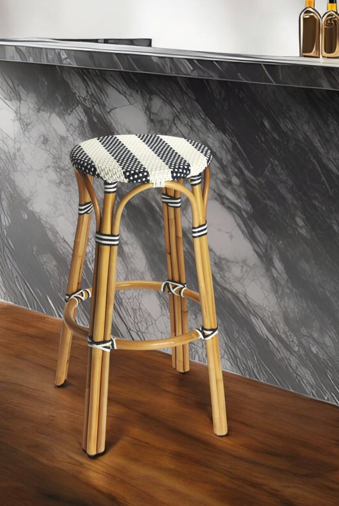 30" Blue and White and Natural Heavy Duty Rattan Backless Bar Height Bar Chair HomeRoots
