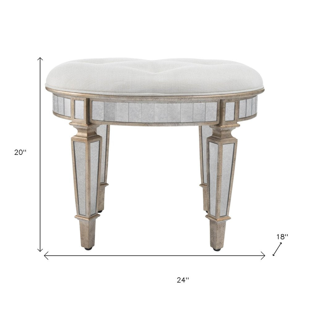 24" Cream Linen And Silver Metallic Round Ottoman HomeRoots