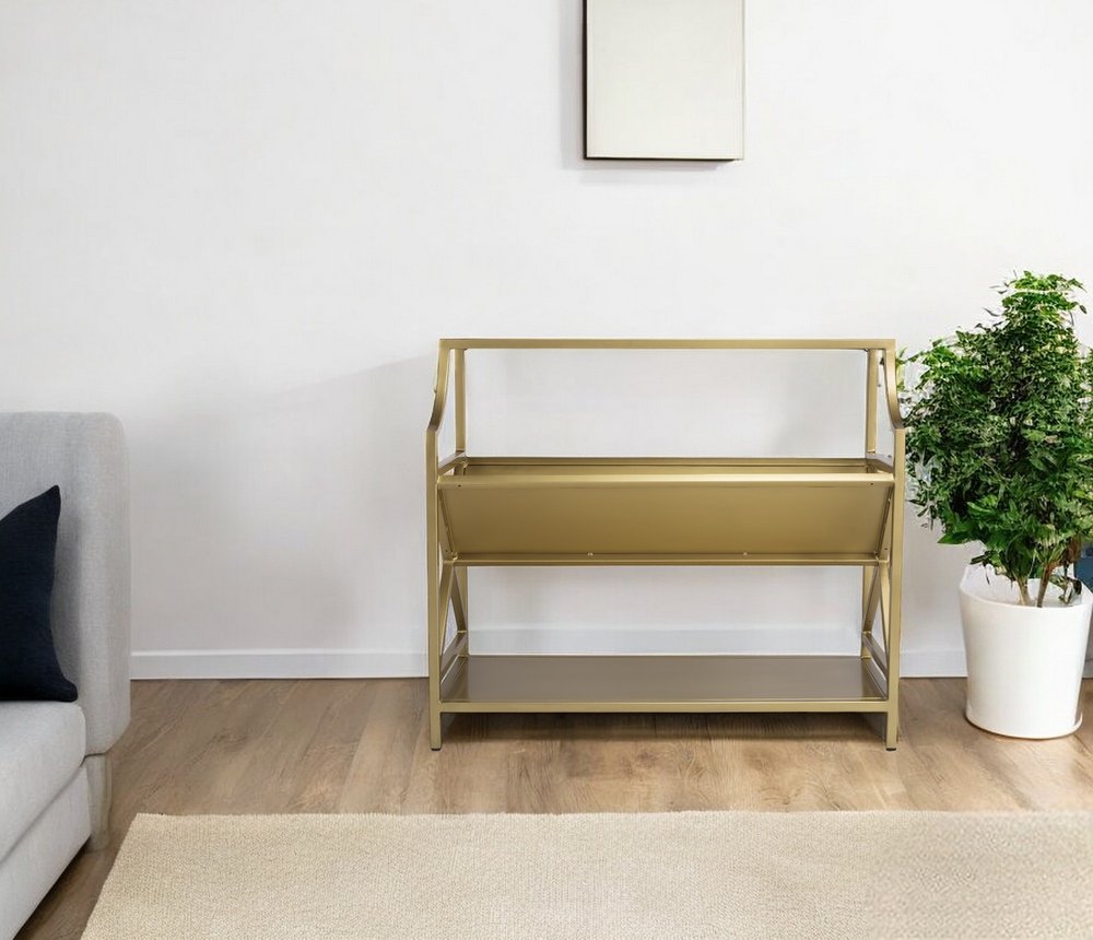 32" Gold Iron and Metal Two Tier Bookcase HomeRoots