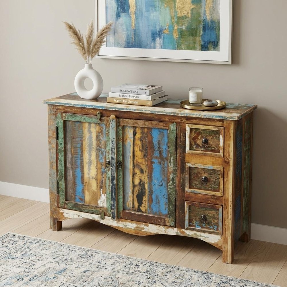 44" Brown Green and Gray Solid Wood Three Drawer Sideboard with Two Doors HomeRoots