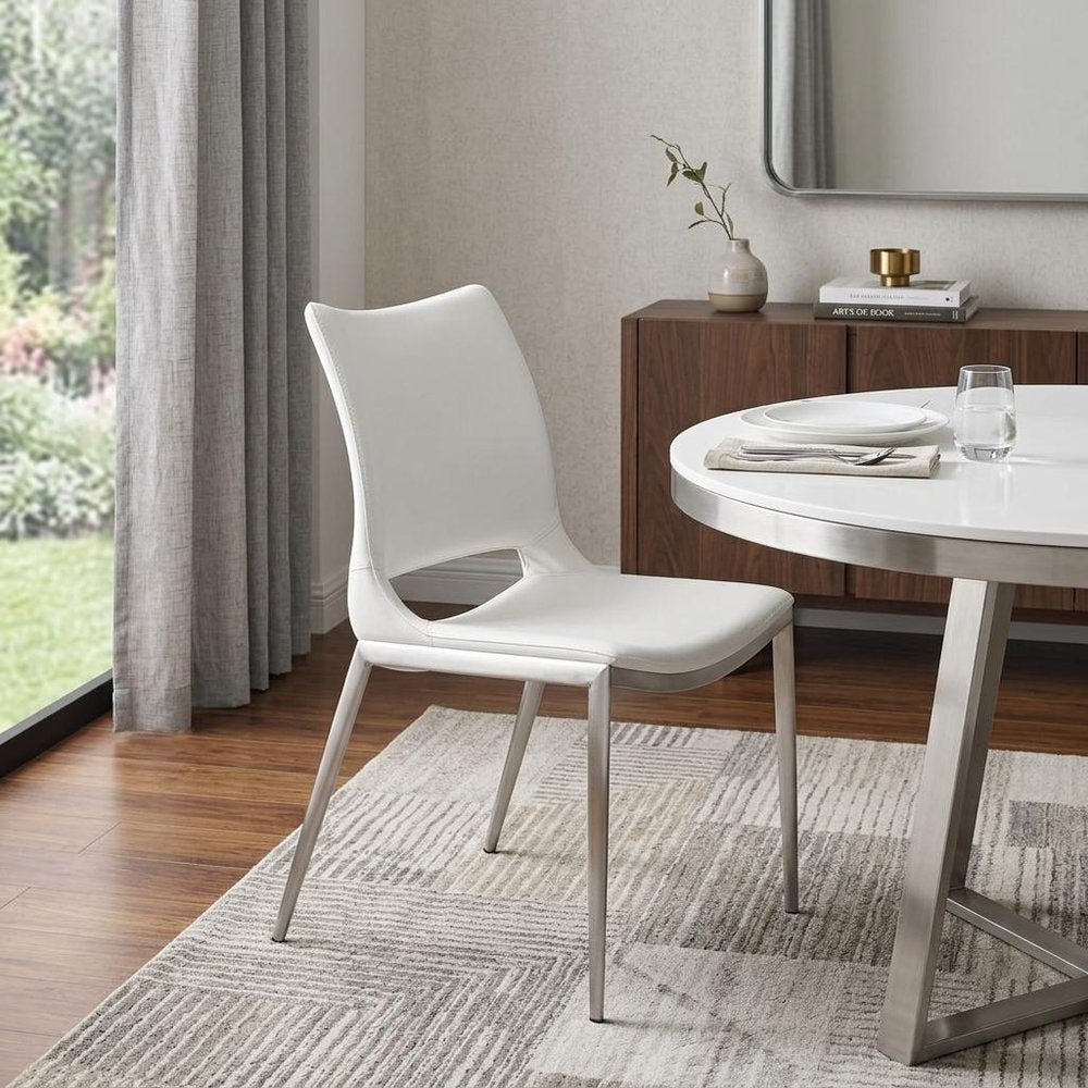Set of Two White And Silver Upholstered Faux Leather Dining Side Chairs HomeRoots