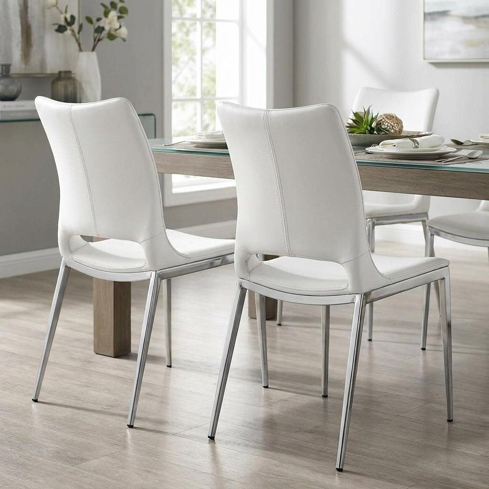 Set of Two White And Silver Upholstered Faux Leather Dining Side Chairs HomeRoots