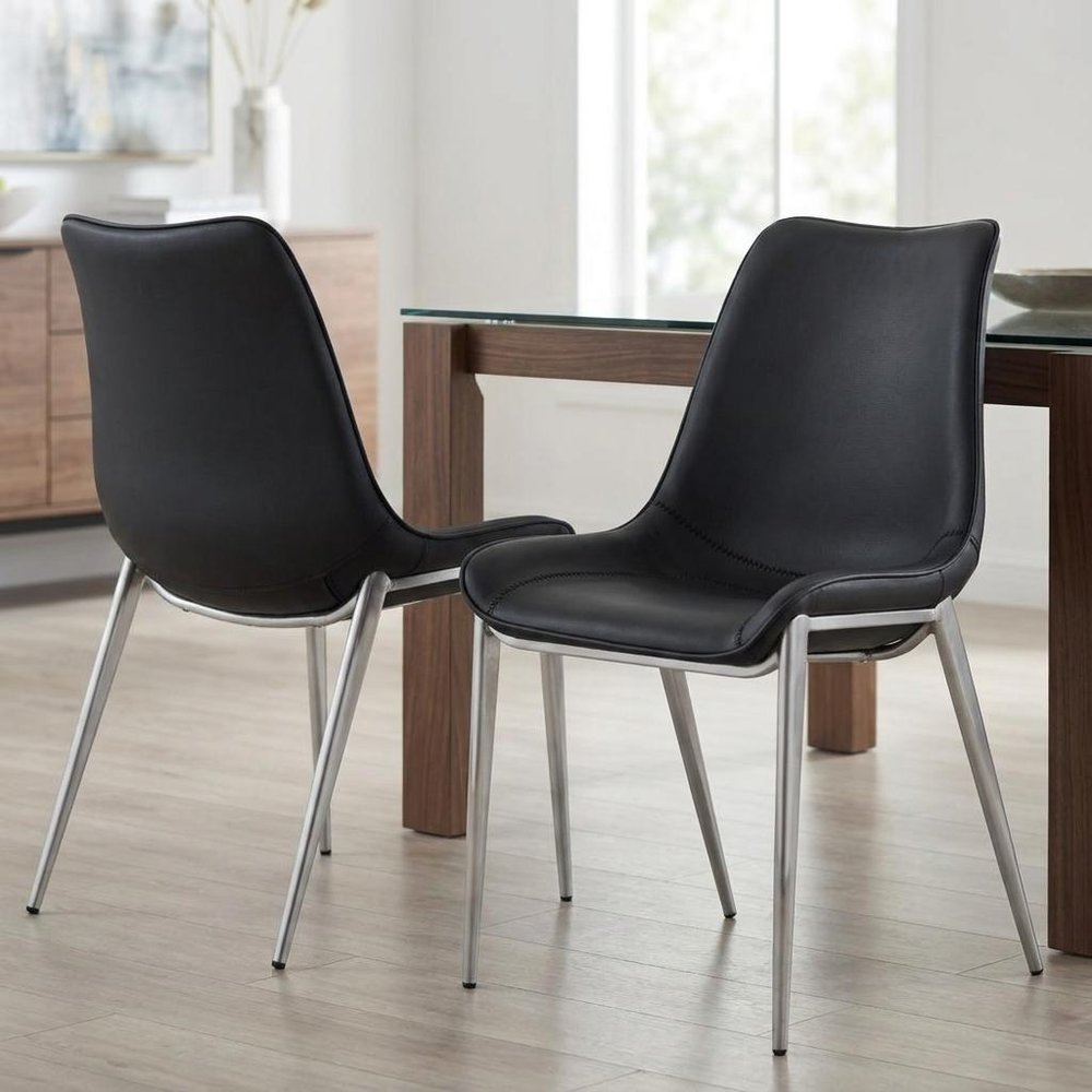 Set of Two Black and Silver Upholstered Faux Leather Dining Side Chairs HomeRoots